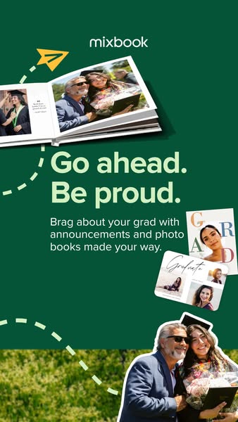 This image ad for Mixbook promotes photo books and announcements for graduates. It encourages viewers to celebrate their