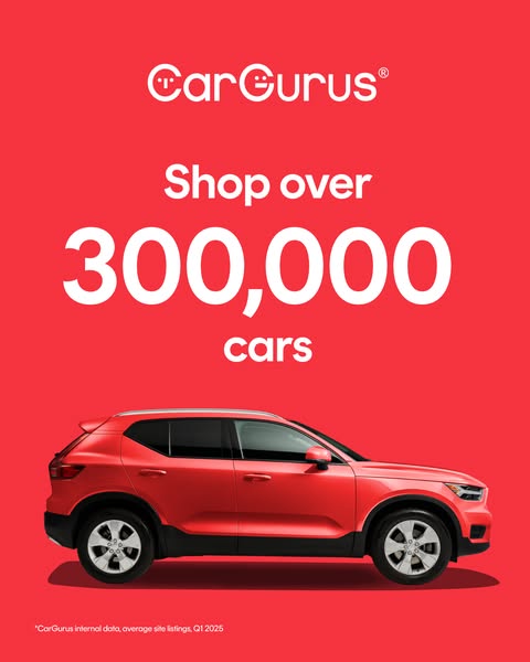 This image ad for CarGurus features a red SUV against a red background and states that you can shop over 300,000 cars.