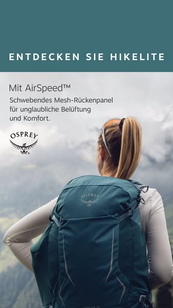 This ad showcases the Osprey Hikelite backpack, emphasizing its AirSpeed™ suspension system for ventilation and comfort.