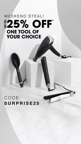 This ad promotes a limited-time offer for the brand's hair styling tools, featuring a discount of up to 25% off one 