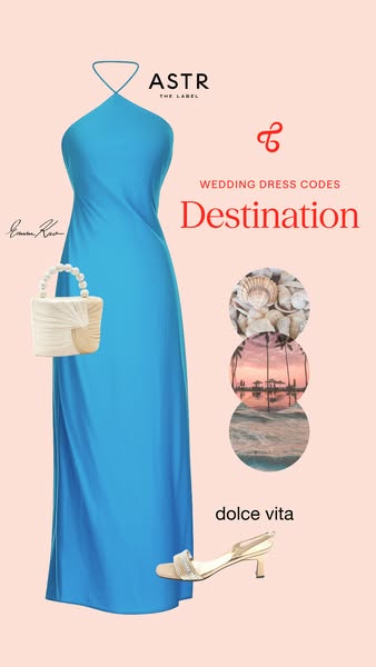 The ad is for ASTR The Label and shows a bright blue maxi dress paired with a small white handbag and cream-colored heel