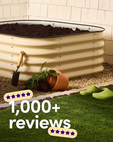 This image ad features a raised garden bed product, emphasized by user reviews for credibility.