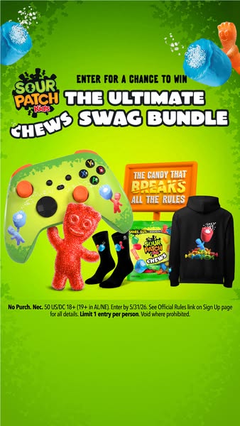 This ad promotes a giveaway contest from Sour Patch Kids Chews. The contest promotes a chance to win "The Ultimate