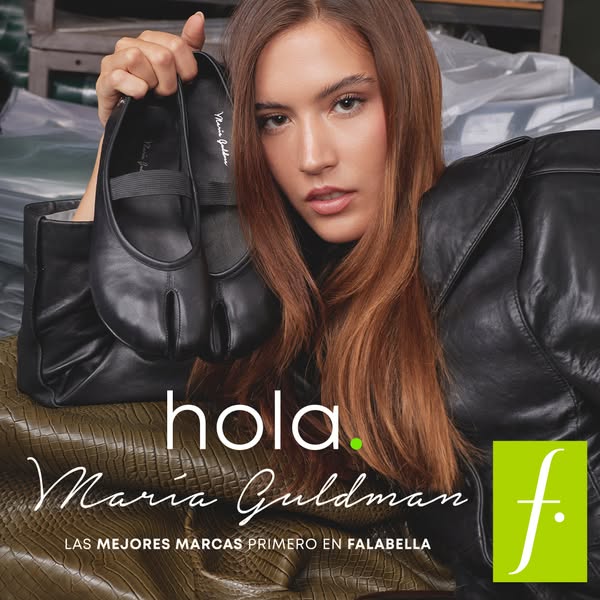 This ad promotes Maria Guldman shoes available at Falabella, featuring a woman holding a pair of black Tabi ballet flats
