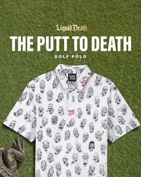 This is an image ad for Liquid Death Golf Polo. The product is shown on a grass background with a crocodile in the corne