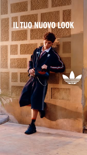 A lifestyle image ad features a person leaning against a textured wall, showcasing their new Adidas look consisting of a