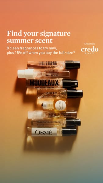This image ad promotes a set of eight clean fragrances from Credo Beauty, encouraging users to find their signature summ