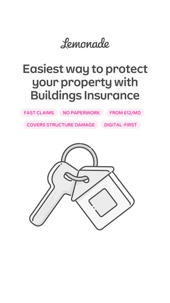 This ad for Lemonade promotes building insurance by highlighting its features such as fast claims and no paperwork.