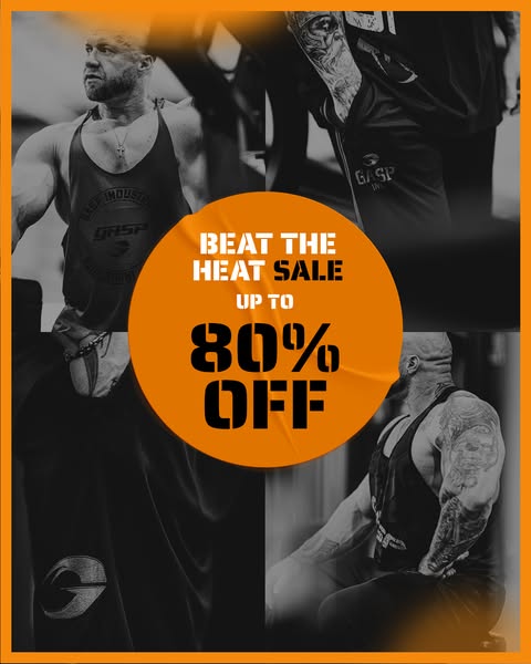 This image ad for GASP features two muscular men wearing GASP branded clothing and promotes a sale of up to 80% off with