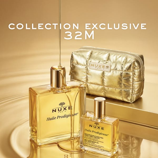 This ad showcases NUXE's Huile Prodigieuse collection, highlighting the 'Collection Exclusive 32M' set with 