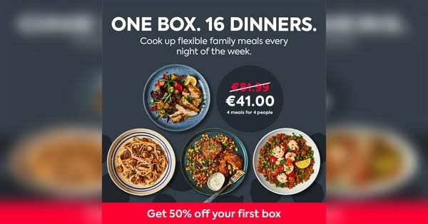 This ad promotes a meal kit service that provides 16 dinners in one box. The ad highlights the flexibility of family mea