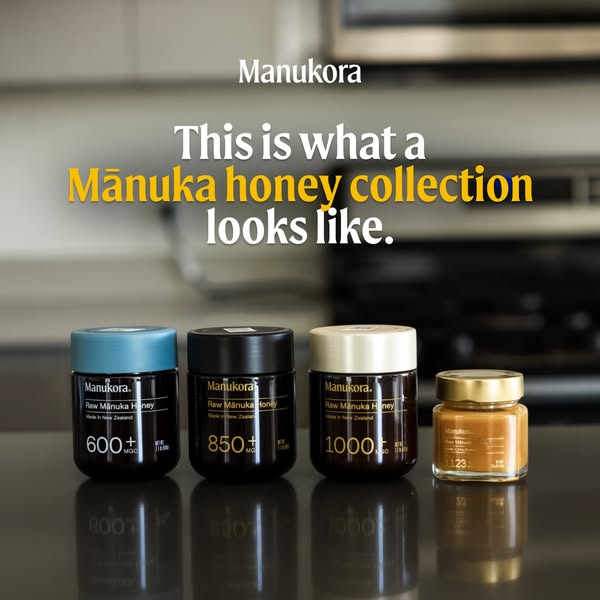 An image ad showcasing a collection of Manukora honey, emphasizing the brand's commitment to quality and a premium h