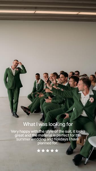An image ad featuring a testimonial about a suit for a summer wedding, with a group of men wearing the suit.