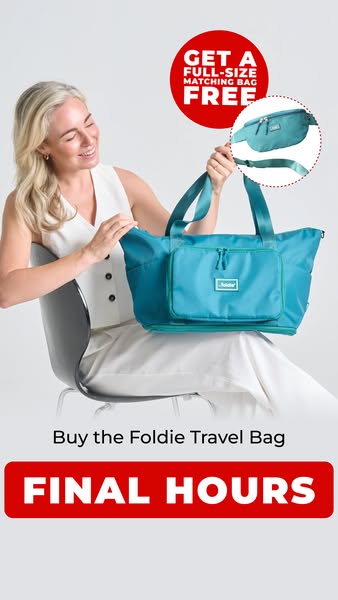This image ad features a woman sitting with a turquoise Foldie Travel Bag and promotes an offer for a free full-size mat