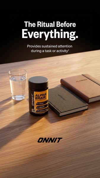 This ad features a clean, minimalist aesthetic with a focus on a bottle of Onnit Alpha Brain supplements. The headline e