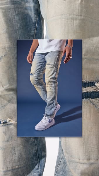 This ad features a pair of distressed denim jeans. The jeans are displayed on a model in front of a blue background. The