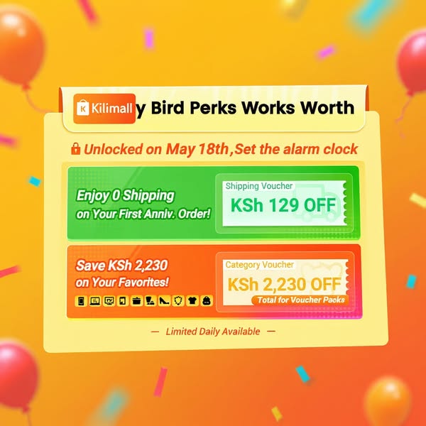 This ad promotes special offers from Kilimall, highlighting a zero-shipping offer for first anniversary orders and savin