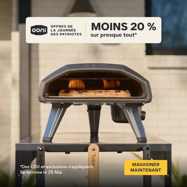 This ad for Ooni advertises a sale on almost everything for Patriot's Day. It showcases the pizza oven and features 