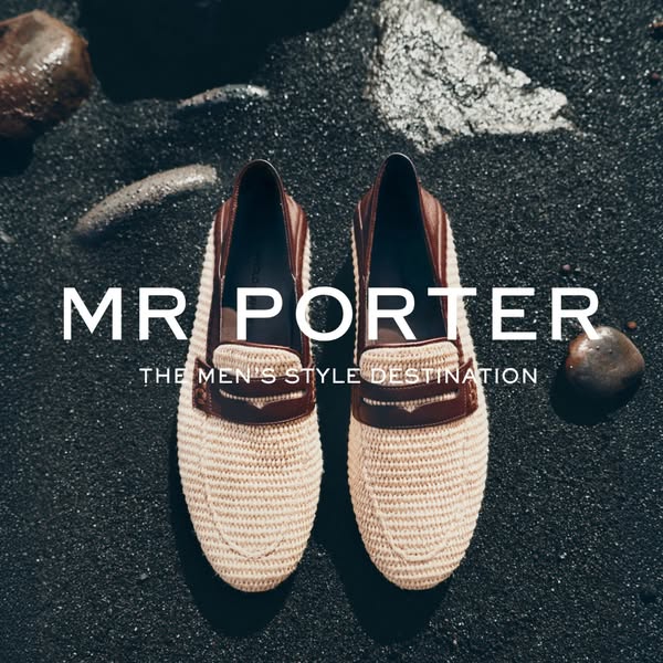 This ad shows a pair of loafers on a black grainy surface next to dark rocks. The brand name 'MR PORTER' and tag