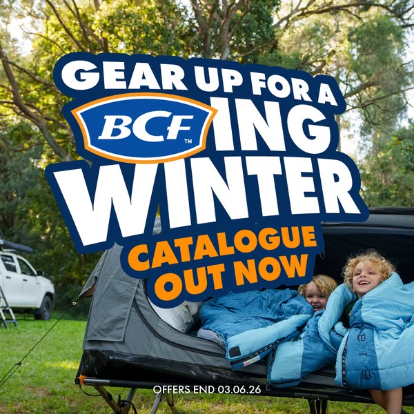 This ad promotes BCF's winter catalog with a scene of a family camping, emphasizing the brand's association with