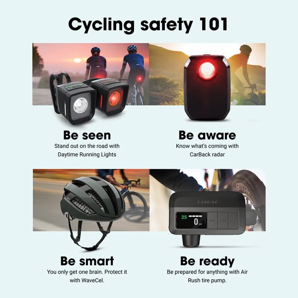 The ad showcases four cycling safety products from Trek-Bontrager, highlighting how they help cyclists be seen, aware, s