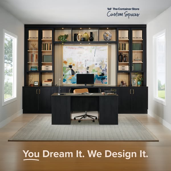 This image ad for The Container Store features a custom-designed home office space, promoting their custom spaces servic