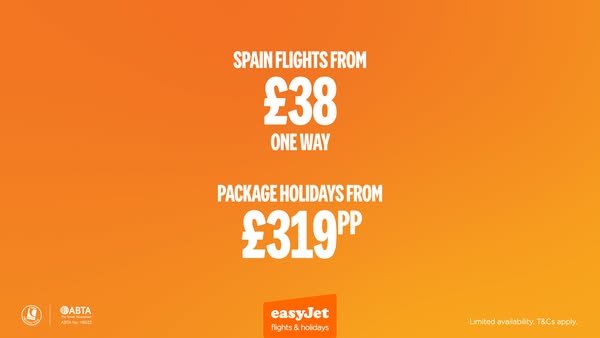 This ad promotes cheap flights to Spain and package holidays from EasyJet. The ad shows the price of each in bold text, 
