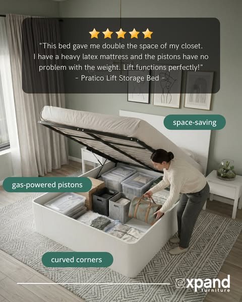 This ad features a customer testimonial of the Pratico Lift Storage Bed. The ad highlights the gas-powered pistons, spac