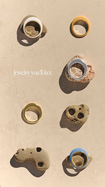 This ad shows a collection of rings displayed on small rocks. It uses the headline, "Jewelry you'll love."