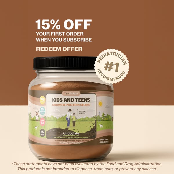 This image ad promotes TruHeight's Kids and Teens Growth Protein Shake, emphasizing a 15% discount on the first orde