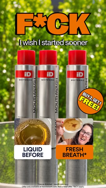 This ad for iD Whitening Mouthwash showcases before-and-after results, highlighting the product's effectiveness and 