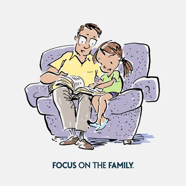 This ad is for Focus on the Family, using a cartoon image of a father reading to his daughter.
