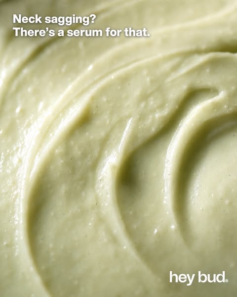 The ad highlights the problem of neck sagging and introduces a serum as a solution. The image features a close-up of the