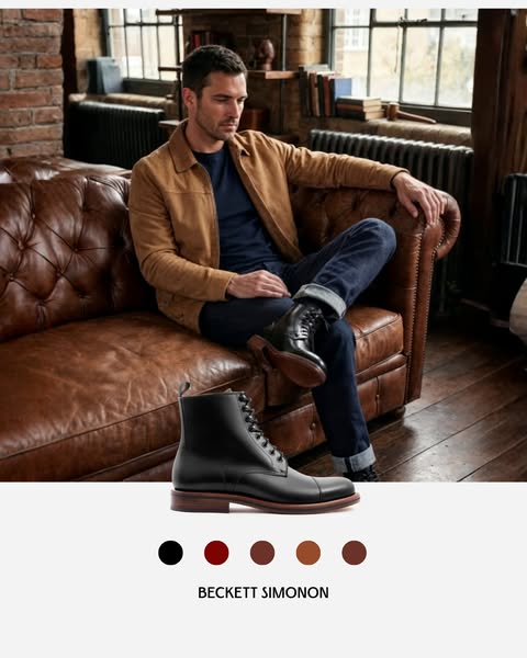 This ad showcases Beckett Simonon brand boots. A man is sitting on a leather couch wearing the boots. Below this image i