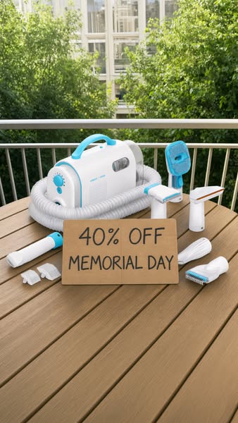 The ad features a pool cleaning device with various attachments laid out on a brown deck table, along with a promotional