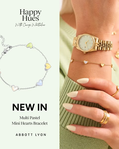 This image ad features the 'Multi Pastel Mini Hearts Bracelet' from Abbott Lyon, showcasing it alongside a watch