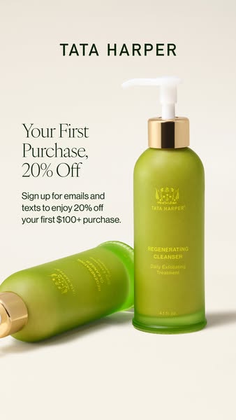 This image ad for Tata Harper promotes a discount for new customers who sign up for the brand's email and text list.