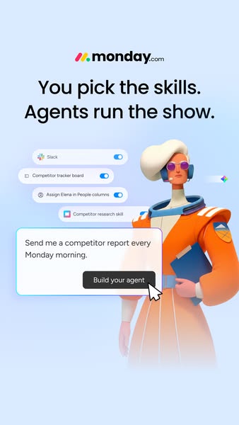 This ad uses the metaphor of an 'agent' to highlight Monday.com's ability to automate and streamline workflo