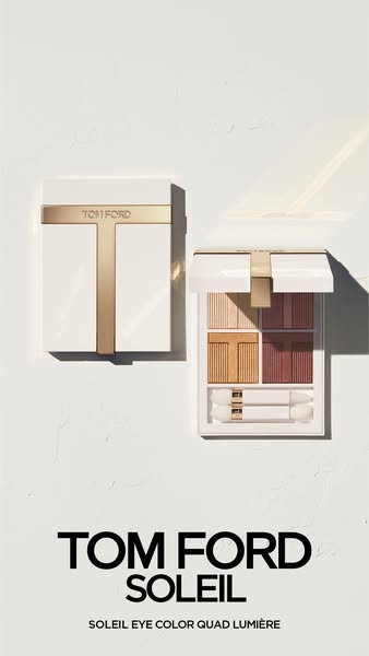 This ad features two TOM FORD SOLEIL eye color palettes on a white surface. The ad showcases the packaging and color opt