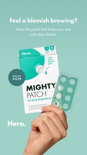 This image ad features the Hero Mighty Patch, an acne treatment patch for early-stage blemishes. The ad asks, "Feel