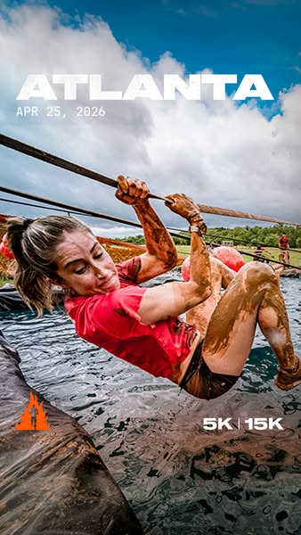 This image ad promotes the Atlanta Tough Mudder event on April 25, 2026, offering both 5K and 15K race options. The ad f