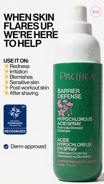 This ad promotes Pacifica's Barrier Defense Hypochlorous Acid Spray. The ad highlights the product's use cases a