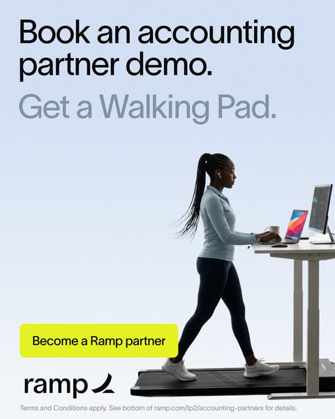 This ad promotes Ramp by inviting the viewer to book an accounting partner demo. The ad features a woman walking on a wa