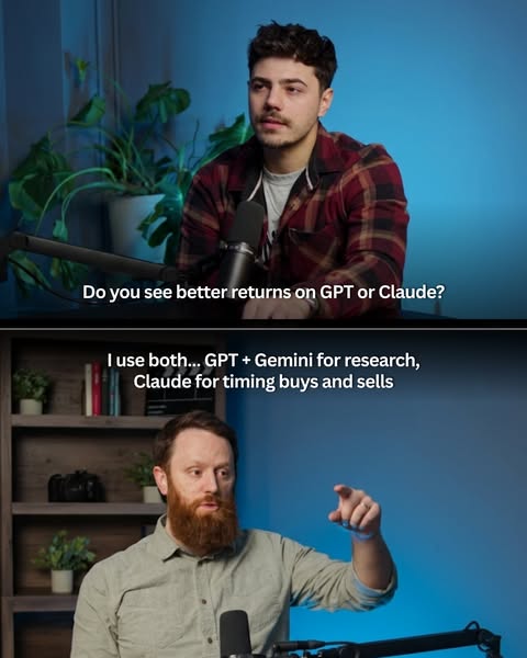This ad shows two men having a discussion about using the AI models GPT, Gemini, and Claude for trading. One man asks th