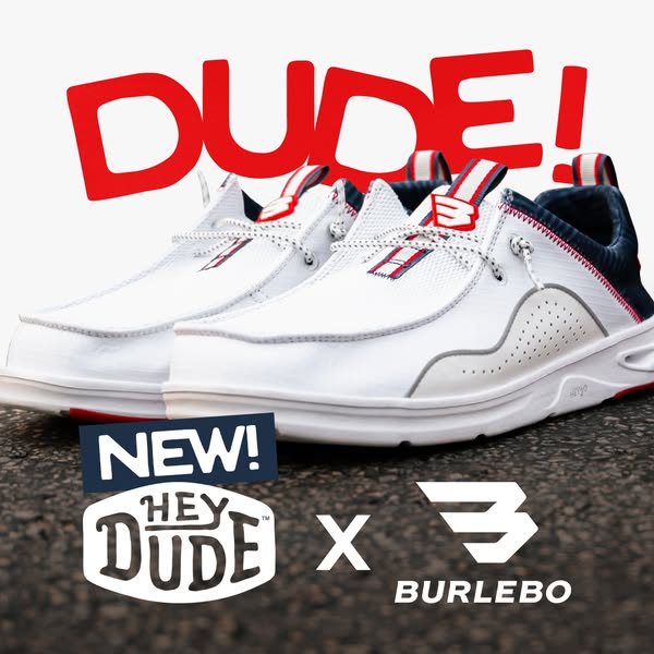 This ad showcases a new collaboration between Hey Dude and Burlebo, featuring white slip-on shoes with red and blue acce