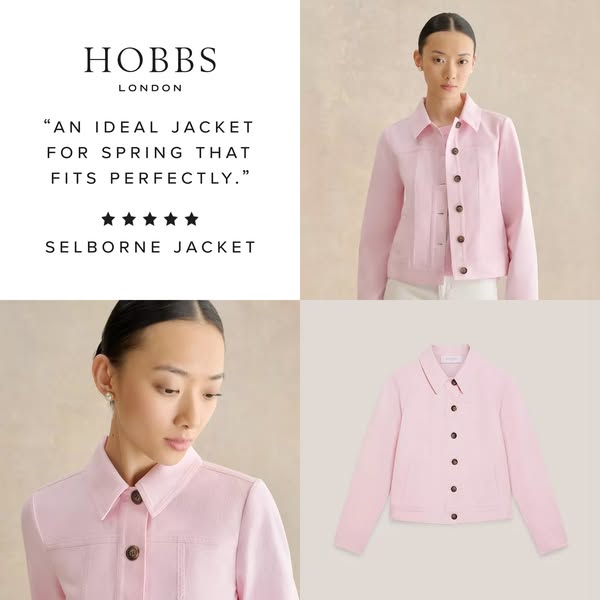 This ad features a pink "Selborne Jacket" from Hobbs London. The ad uses a lifestyle image, a product image, a