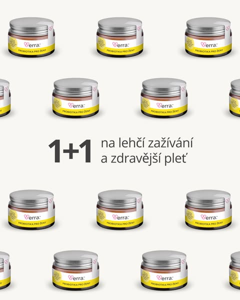 This image ad promotes Verra Probiotika Pro Ženy with a 1+1 offer for easier digestion and healthier skin. The ad featur