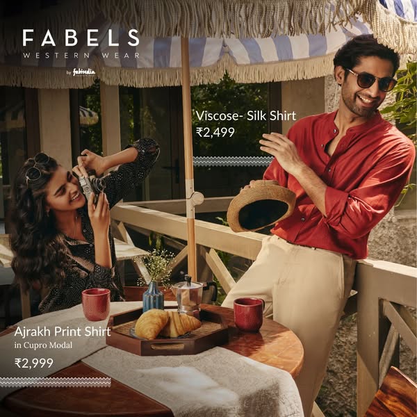 This image ad showcases FABELS Western Wear, featuring a Viscose-Silk Shirt for ₹2,499 and an Ajrakh Print Shirt in Cupr