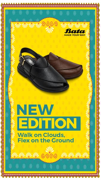 This image ad showcases two pairs of Bata sandals against a yellow patterned background, promoting their comfort and sty