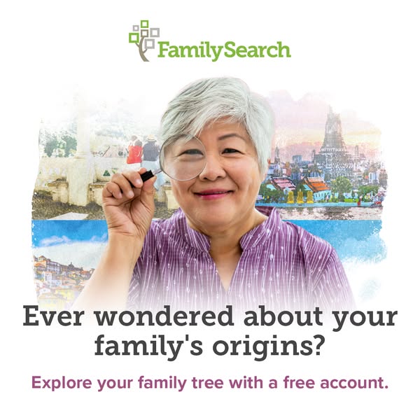 The ad features a photo of a smiling older woman holding a magnifying glass to her eye, in front of a collage of travel 